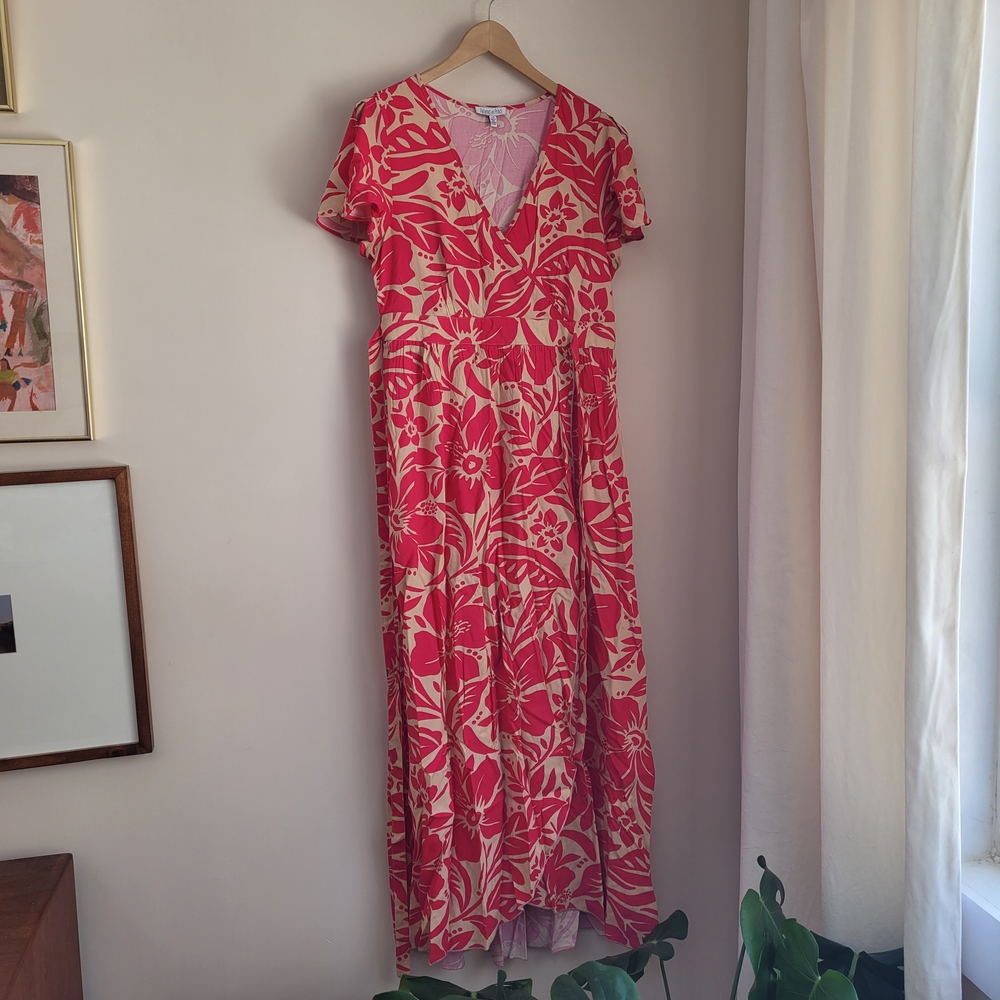 Patrons of Peace Magenta and Cream Floral Maxi Wrap Dress Size L - Picture 2 of 15